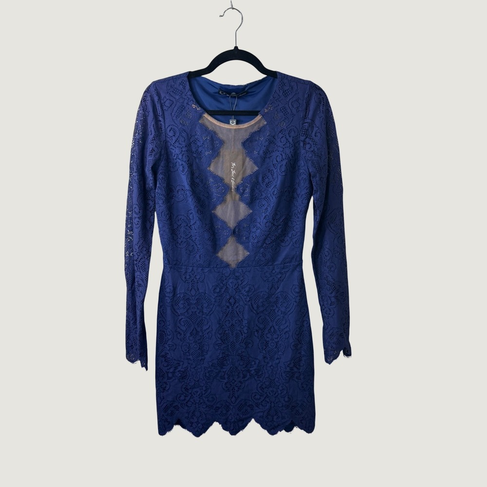 NWT For Love & Lemons Lace Noir Mini Dress Blue Long Sleeve Romantic Coquette L